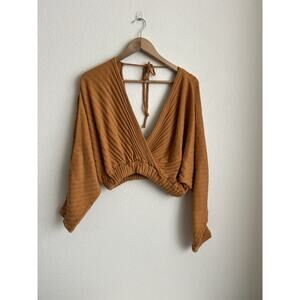 Free People Beach Crop Knit Top V Neck Dolman Sleeve Golden Mustard Yellow XS